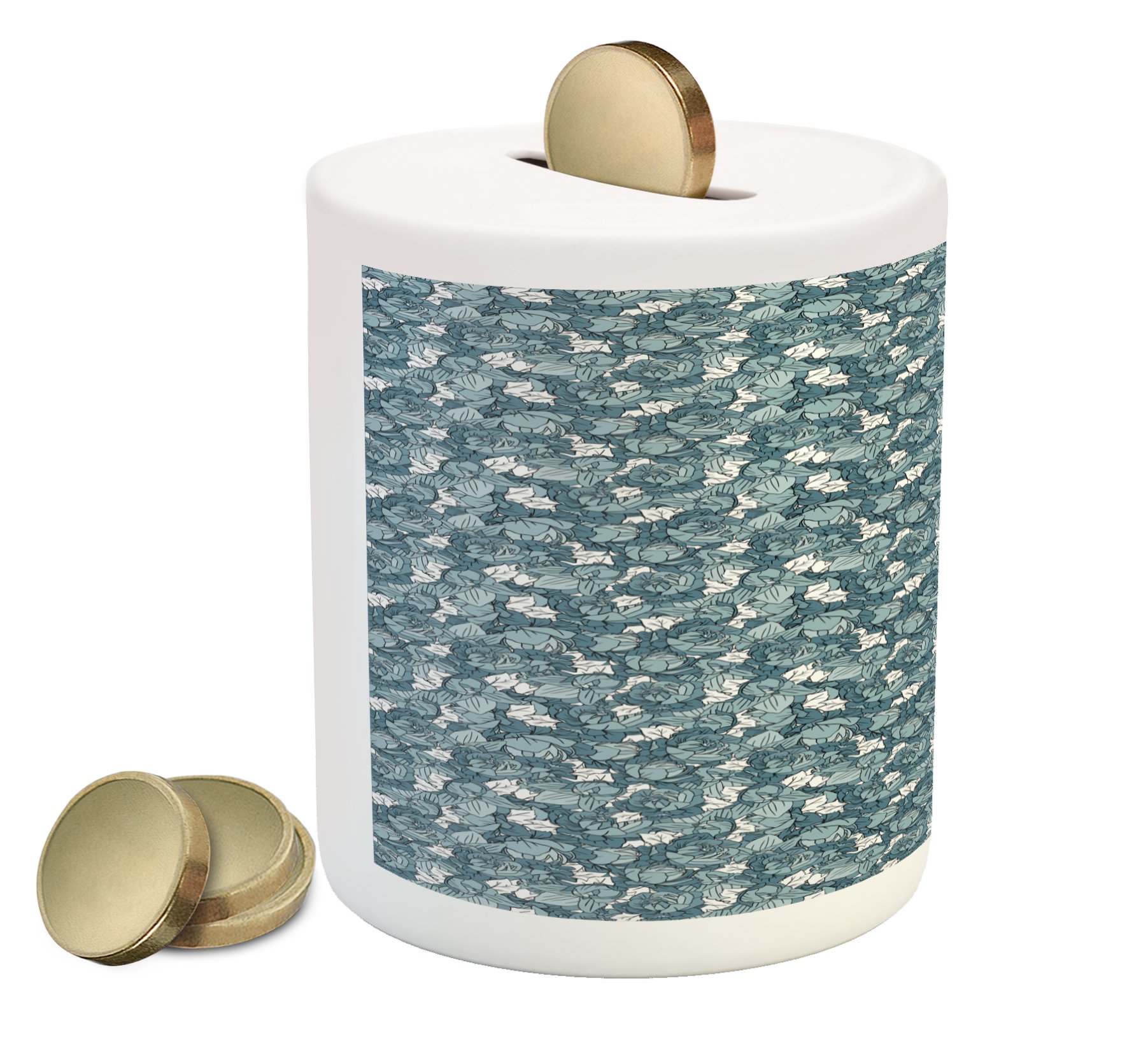 Ambesonne Ceramic Piggy Bank - Hand Drawn Floral Design, Botanical Coin Bank for Cash Saving, Spring Themed Money Box (Slate Blue & White) | Perfect Gift for Kids, Home Decor & Savings Collection