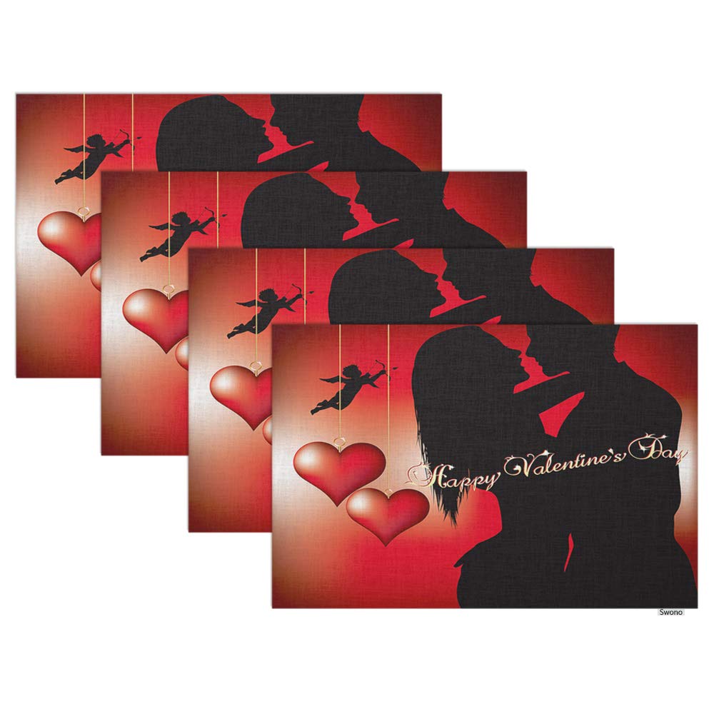 Swono Valentine's Day Placemats Set of 4 - 12x18 Inch Abstract Cupid & Heart Design Oilproof Table Mats for Dining Table, Kitchen Decor - Perfect for Romantic Dinners, Anniversary Celebrations & Couples Gift