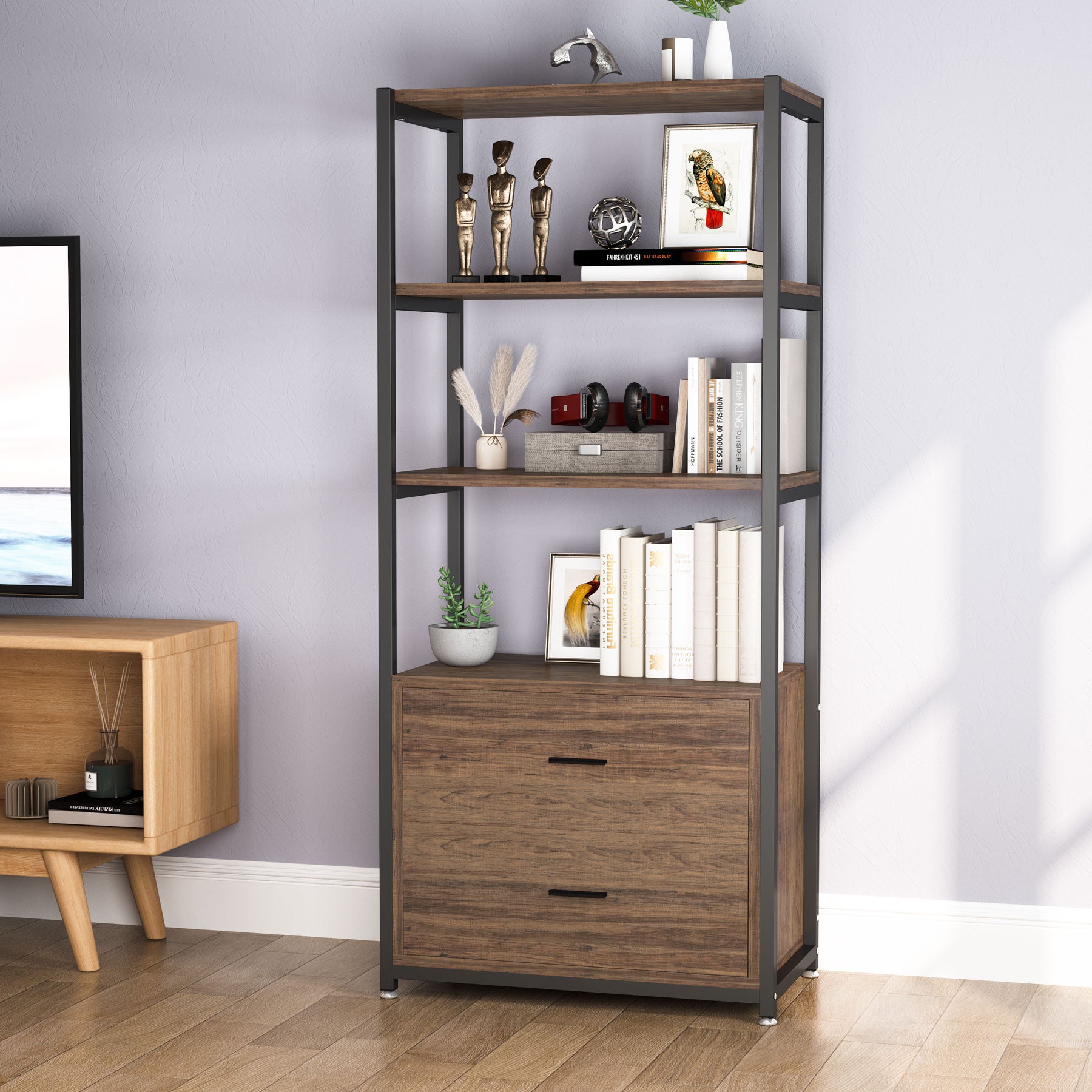 2-Drawer Bookshelf Etagere Bookcase with Open Shelves - Modern Storage Solution for Home Office, Living Room & Bedroom Organization