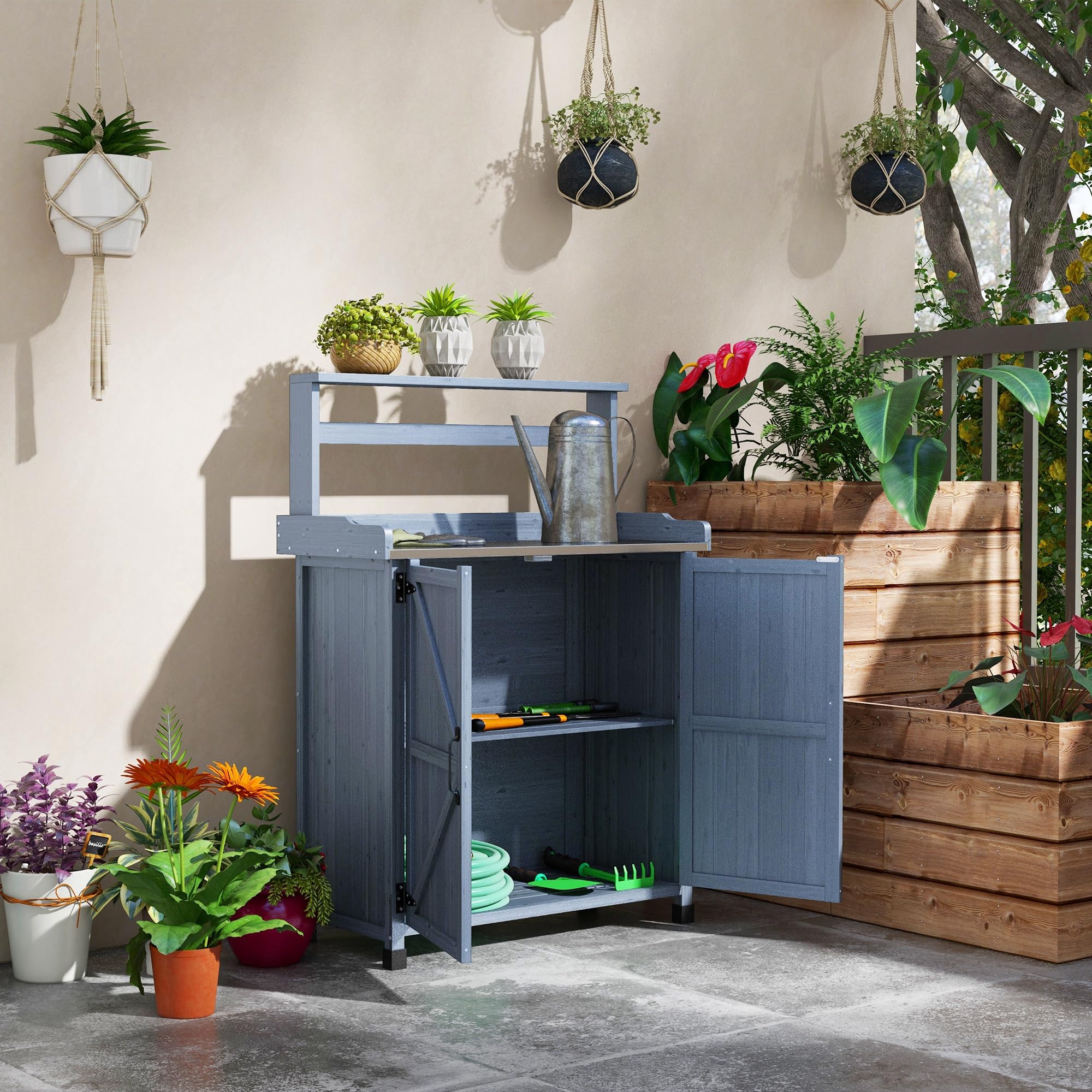 Outsunny Wooden Potting Bench with Storage Cabinet & 2 Shelves - Galvanized Tabletop Garden Workbench for Planting, Gardening - Perfect for Backyard, Balcony, Patio & Outdoor Use (Gray)