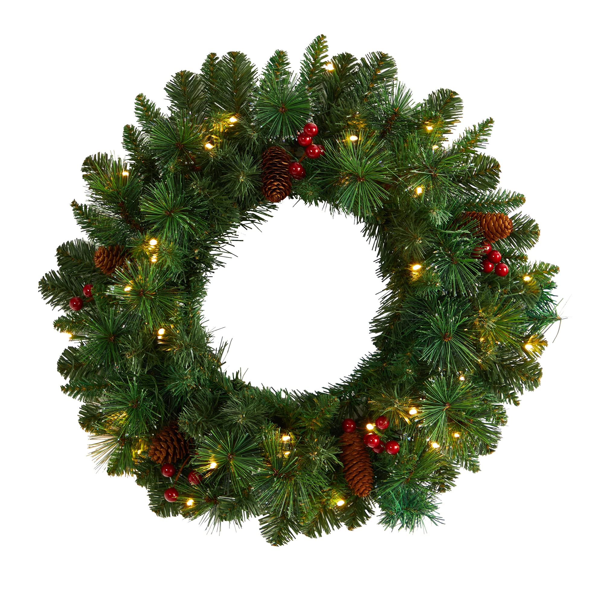 Nearly Natural 20-Inch Frosted Pine Artificial Christmas Wreath with Pinecones, Berries & 35 Warm White LED Lights - Holiday Home Decor for Front Door, Fireplace & Indoor/Outdoor Use