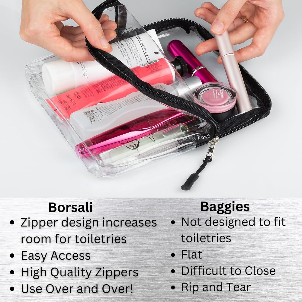 BORSALI TSA Approved Quart Size Clear Toiletry Bag for Carry On Travel - 1 Quart Cosmetic & 3-1-1 Liquids Organizer | Perfect for Airplane Essentials, Makeup Storage & Travel Accessories