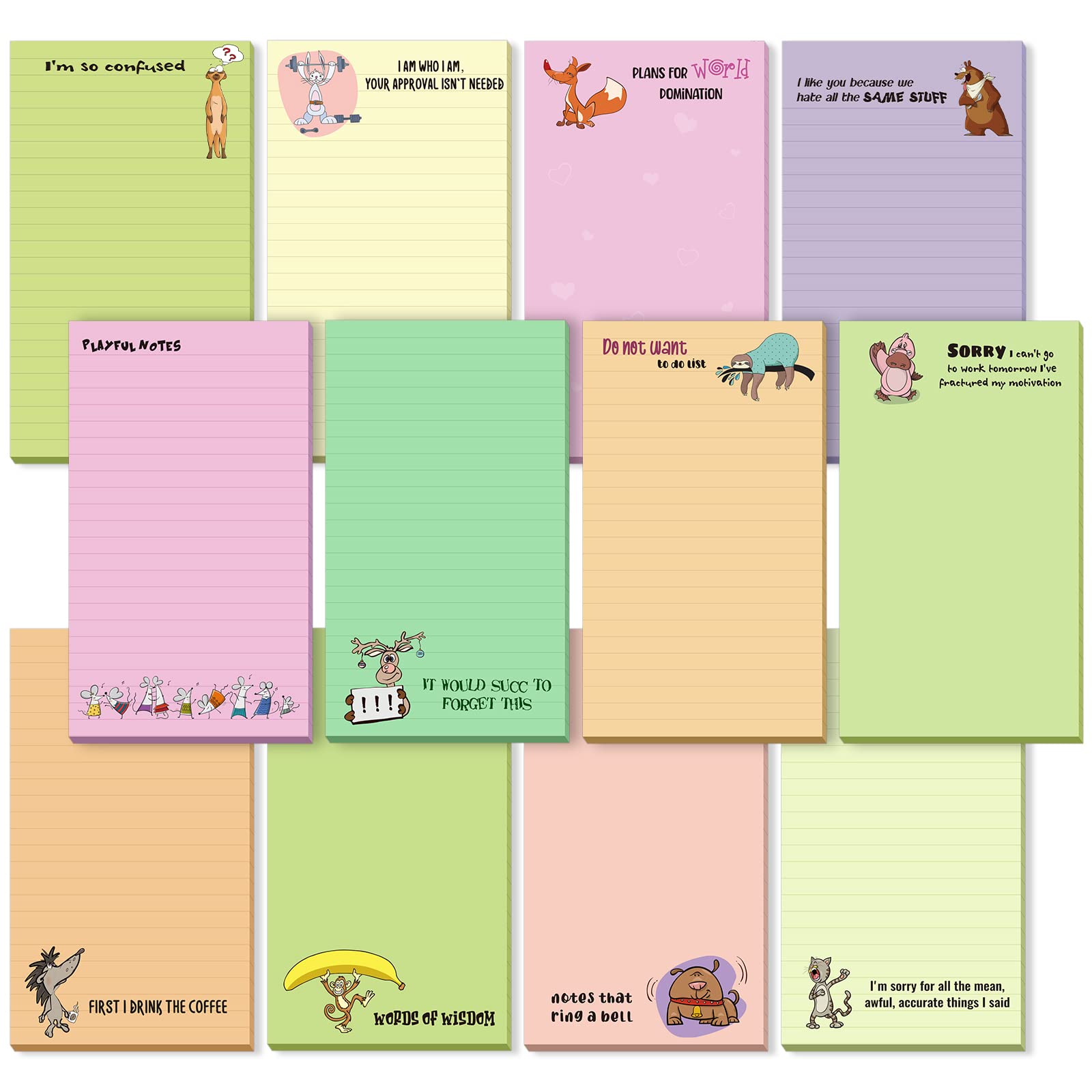 12 Pack Funny Animal Notepads - 3x5 Inch Humorous Memo Pads for Office, Coworkers, Teachers & Adults - 30 Sheets Per Pad - Perfect for Workplace Gifts, Desk Supplies & Daily Note-Taking (Cute Animals Design)