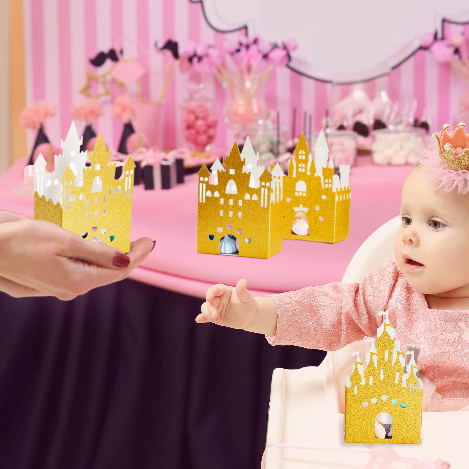 24-Piece Glitter Princess Castle Candy Favor Boxes - Gold Wedding & Birthday Party Decorations - Perfect for Princess Themed Parties, Baby Showers, and Bridal Showers