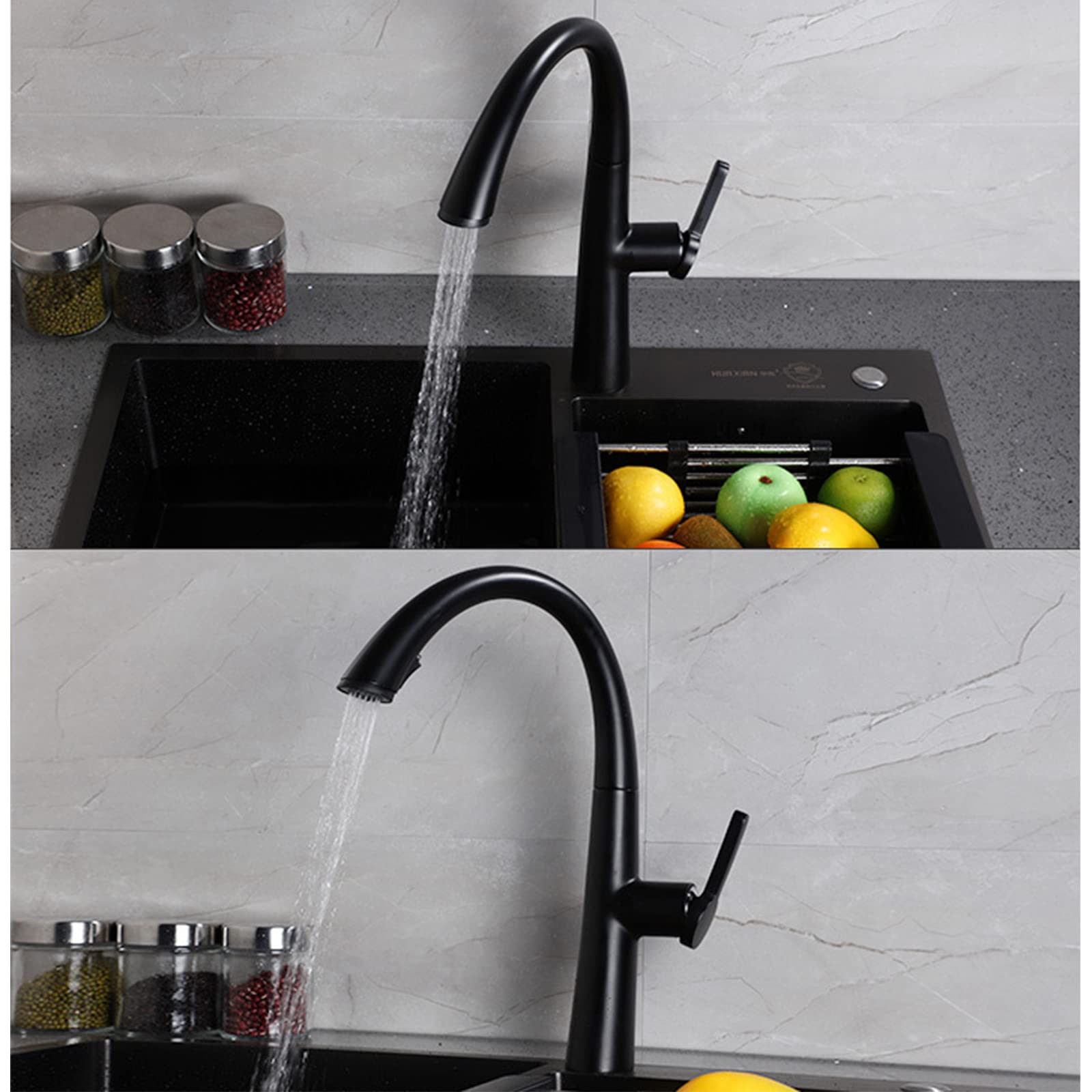 Black Pull Down Sprayer Kitchen Faucet - Modern Commercial Brass Sink Tap with Hot/Cold Water & Standard Fittings - Perfect for Restaurant, Home Kitchen & Bar Sink Installation