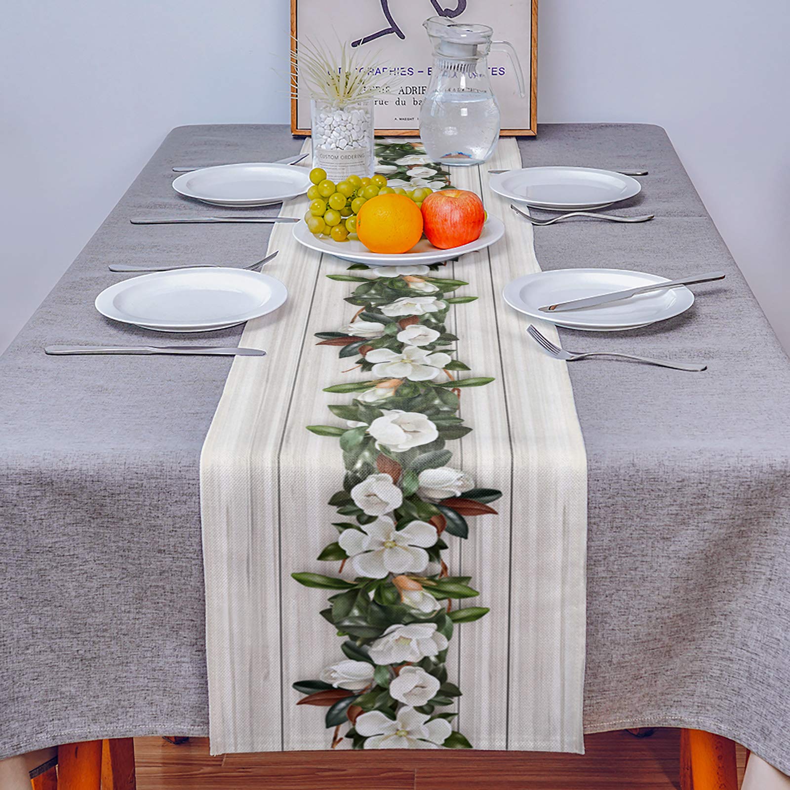 Floral Burlap Linen Table Runner 13x108 Inch - Rustic Magnolia Flower Wood Grain Design for Kitchen, Dining Table Decor | Perfect for Weddings, Bridal Showers & Daily Home Decor