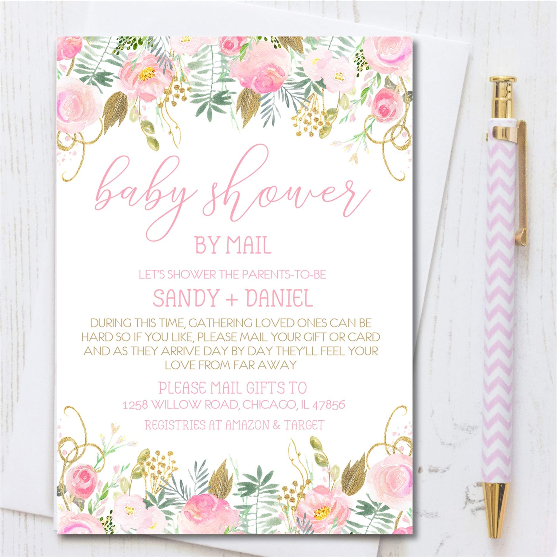 Pastel Pink & Green Baby Shower By Mail Invitations - Elegant Far Away Baby Shower Cards for Virtual Celebrations & Long-Distance Family