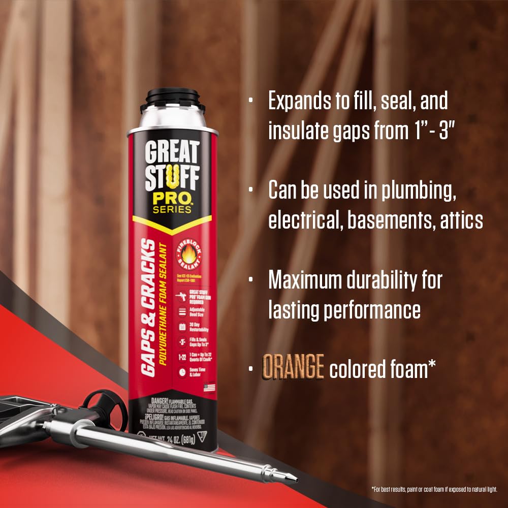 GREAT STUFF PRO Fire Rated Gaps & Cracks Spray Foam Insulation Kit (Orange) with Foam Gun, Gloves & Cleaner - Perfect for Home Insulation, Window Sealing & HVAC Ductwork
