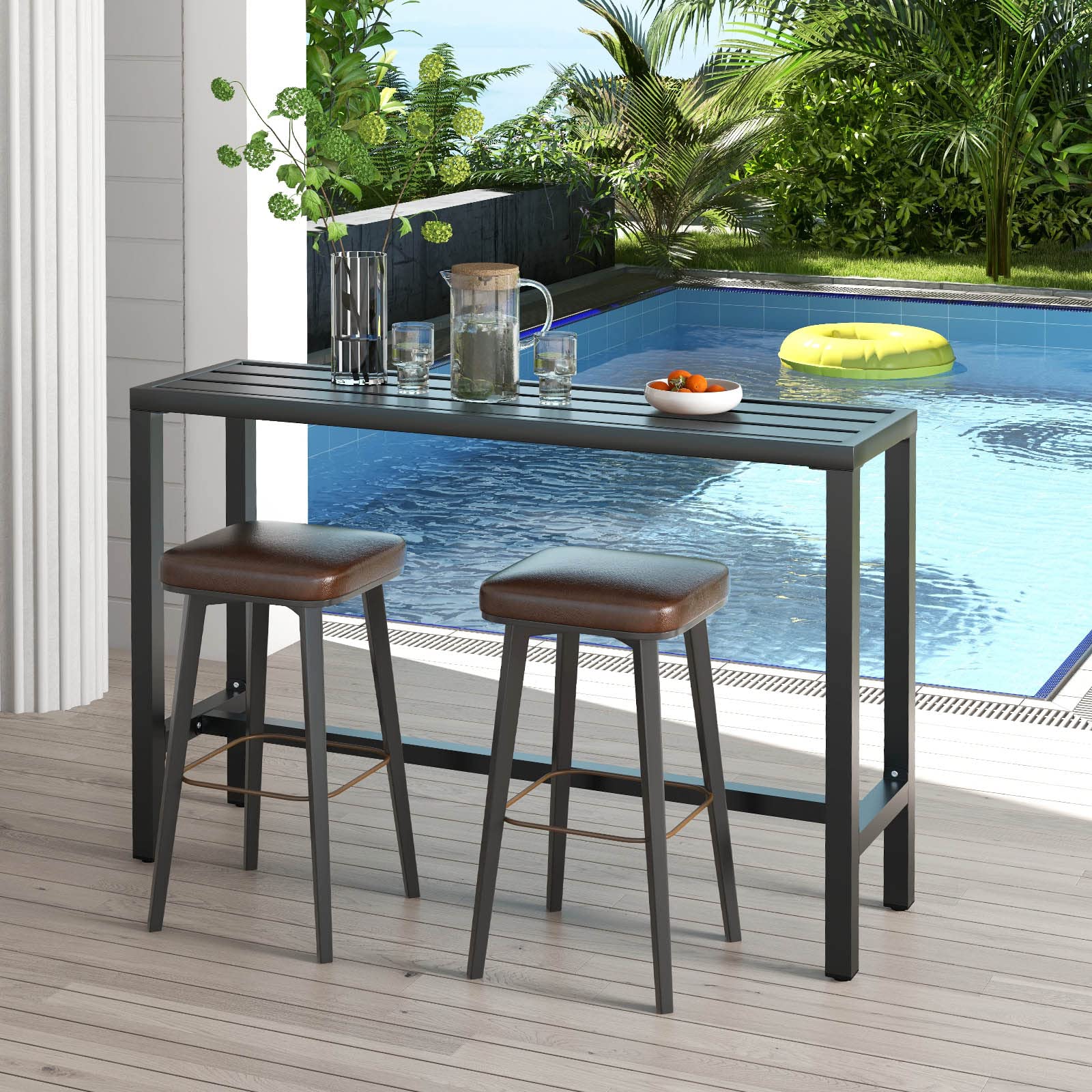COSTWAY 55-inch Outdoor Bar Table - Narrow Counter Height Dining Table with Waterproof Top & Heavy-Duty Metal Frame - Rectangular Pub Table for Garden, Patio, Backyard, Poolside (Black) - Perfect for Outdoor Entertaining, BBQs, and Relaxing by the Pool