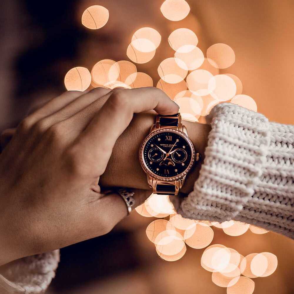 Aries Gold Enchant Luna L 58010L RG BKMP Women's Luxury Watch - Elegant Rose Gold & Black Timepiece for Business, Party & Special Occasions