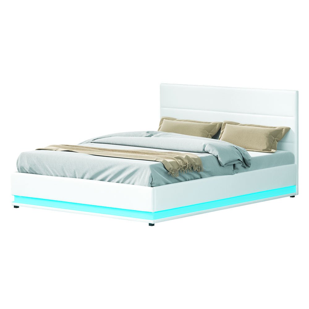 Henley Queen Gas Lift Storage Bed Frame with LED Lights – White | Modern Platform Bed with Underbed Storage & USB Ports | Perfect for Small Bedrooms & Guest Rooms