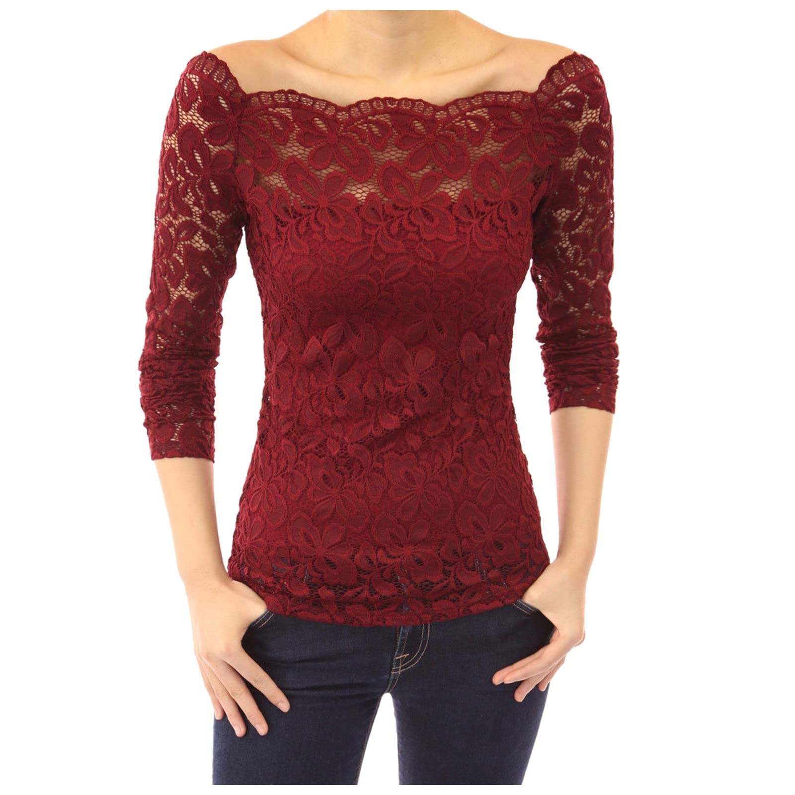 Elegant Women's Off The Shoulder Lace Blouse - Long Sleeve Solid Color Casual Top for Date Night & Office Wear