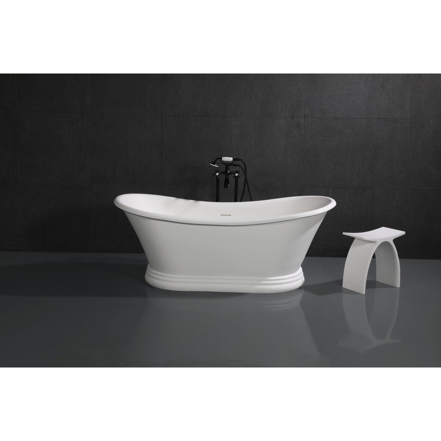 Arcticstone 67-Inch Solid Surface Oval Double Slipper Pedestal Bathtub - Glossy White/Matte White Freestanding Soaking Tub with Drain (No Faucet Holes) - Perfect for Master Bathroom, Spa Retreat & Luxury Home Renovation