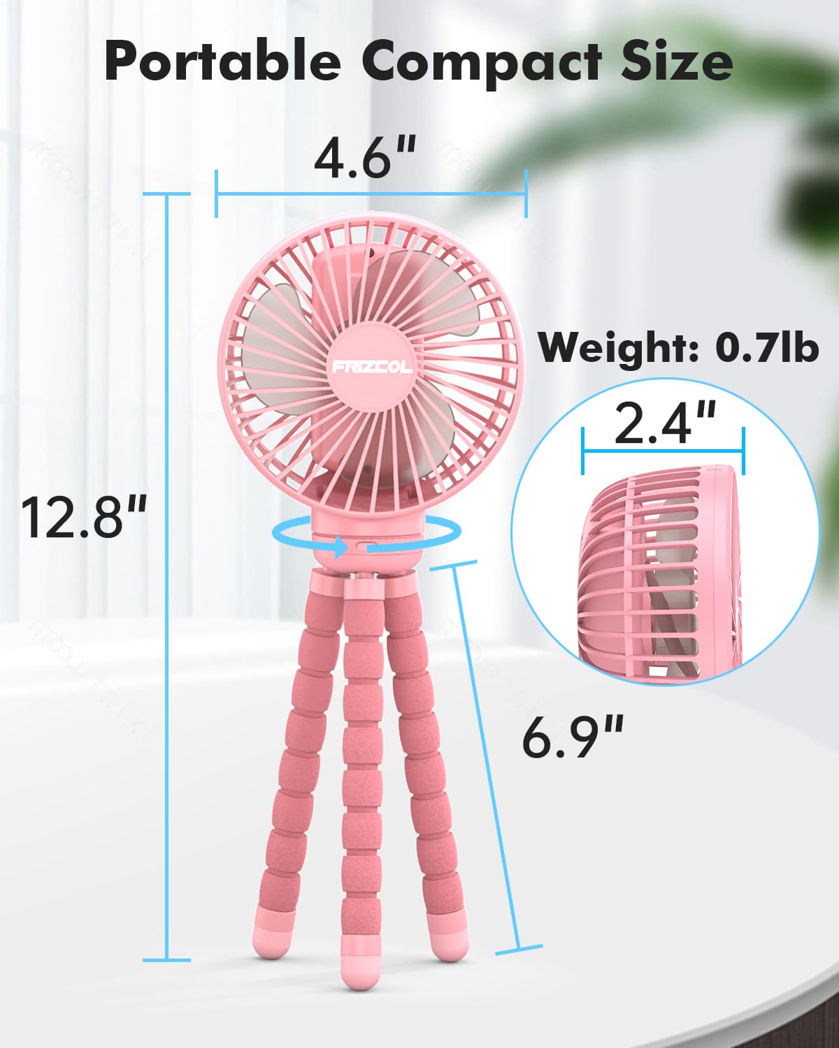 FRIZCOL Rechargeable Stroller Fan for Baby - Portable Clip On Fan with 24H Battery Life - Handheld, Car Seat, Desk & Camping Cooling Fan (Pink) | Perfect for Outdoor Activities, Nursery & Travel Use