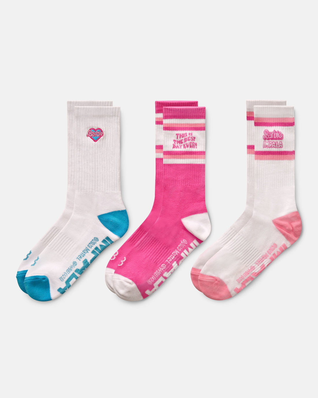 Barbie x Impala 3-Pack Skate Socks - Pink & White Cute Roller Skating Crew Socks for Women & Girls - Perfect for Roller Derby, Rink Skating & Retro Fashion Outfits