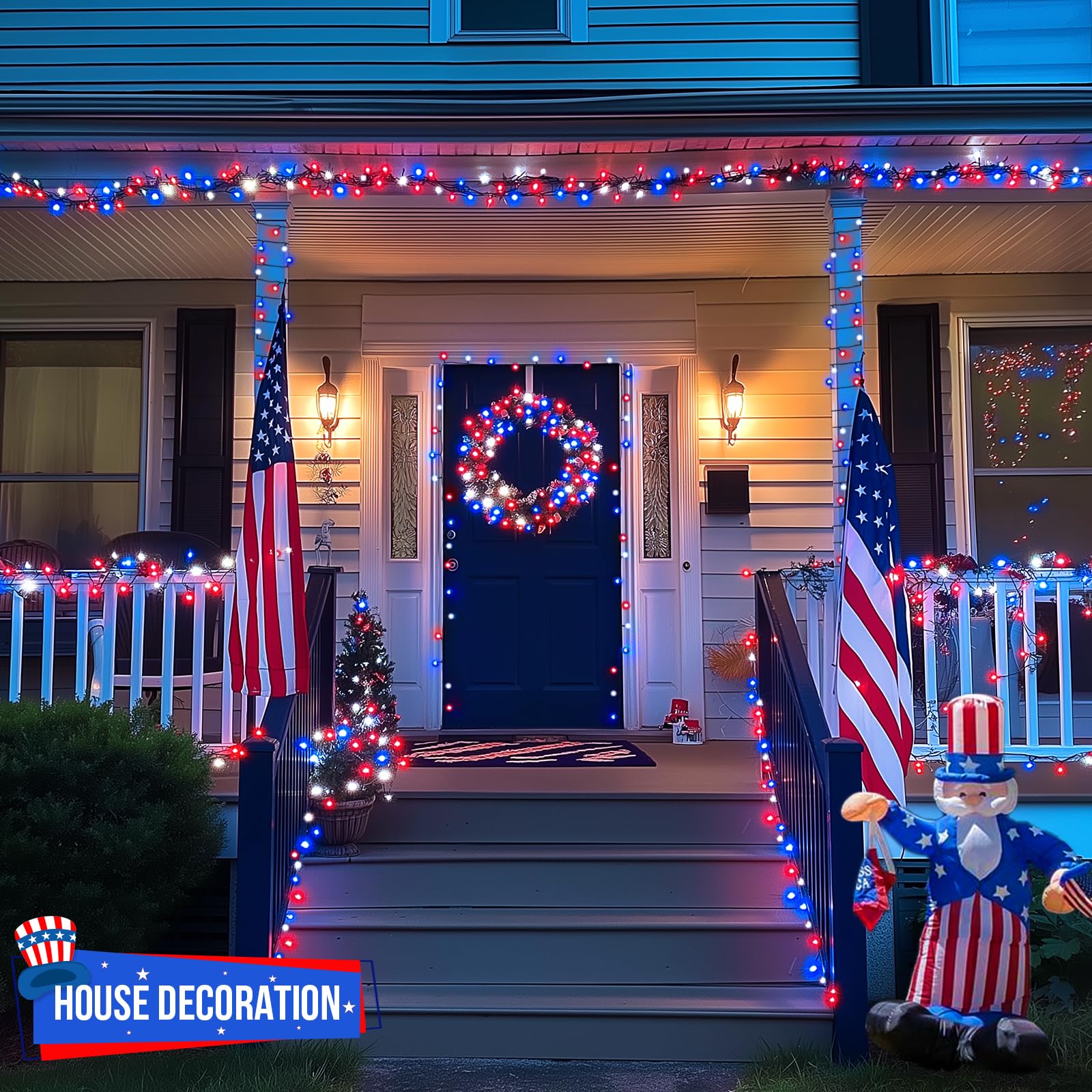 JMEXSUSS 500 LED Patriotic String Lights - Red White & Blue Outdoor Waterproof Holiday Decorations with 8 Lighting Modes, 173ft Plug-in Lights for 4th of July, Memorial Day, Independence Day - Perfect for Backyard, Garden, Party and Festival Decorations