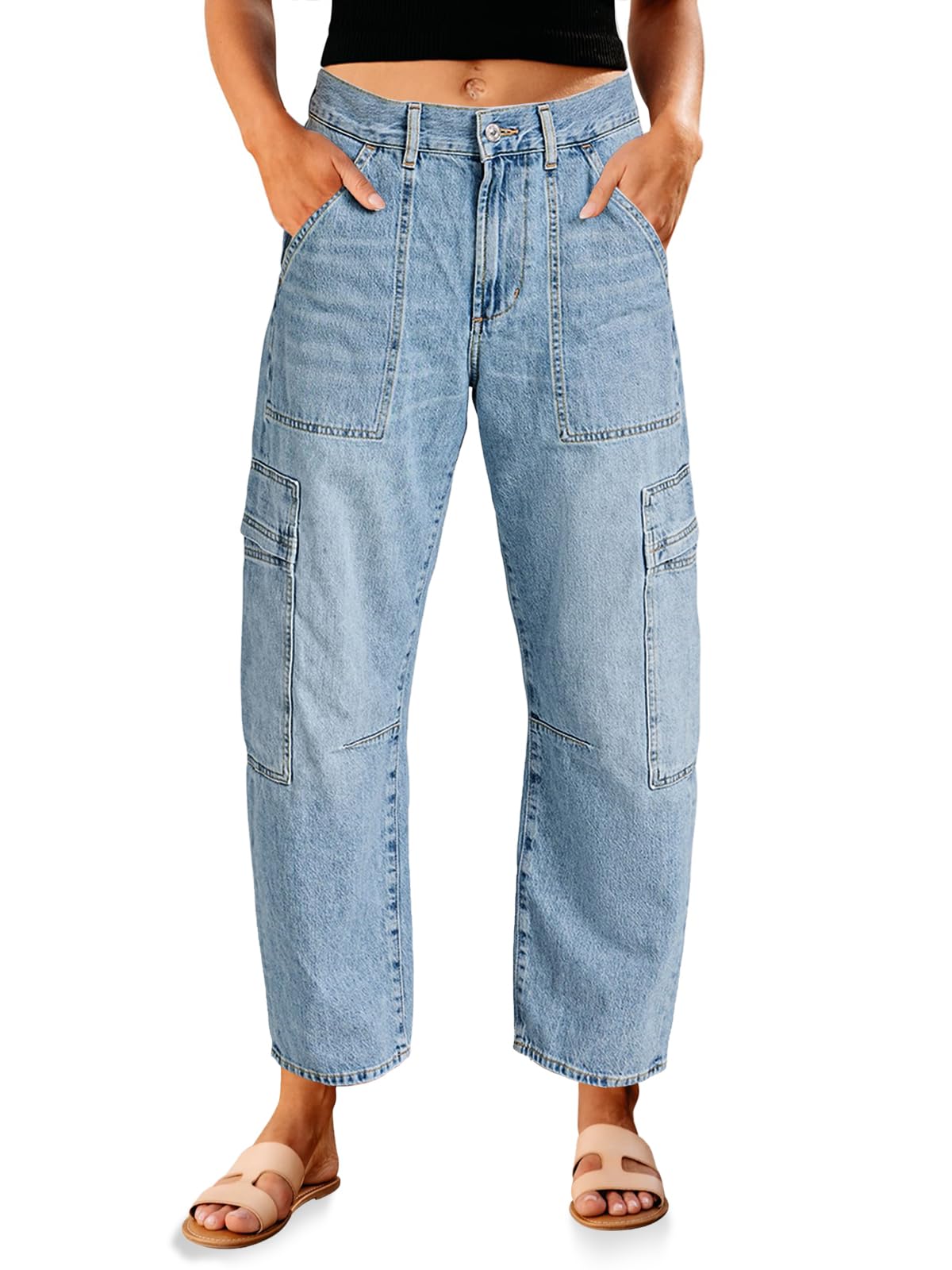 PLNOTME Women's High Waisted Cargo Barrel Jeans - Boyfriend Baggy Denim Pants with 6 Pockets for Casual Wear, Street Style & Outdoor Activities