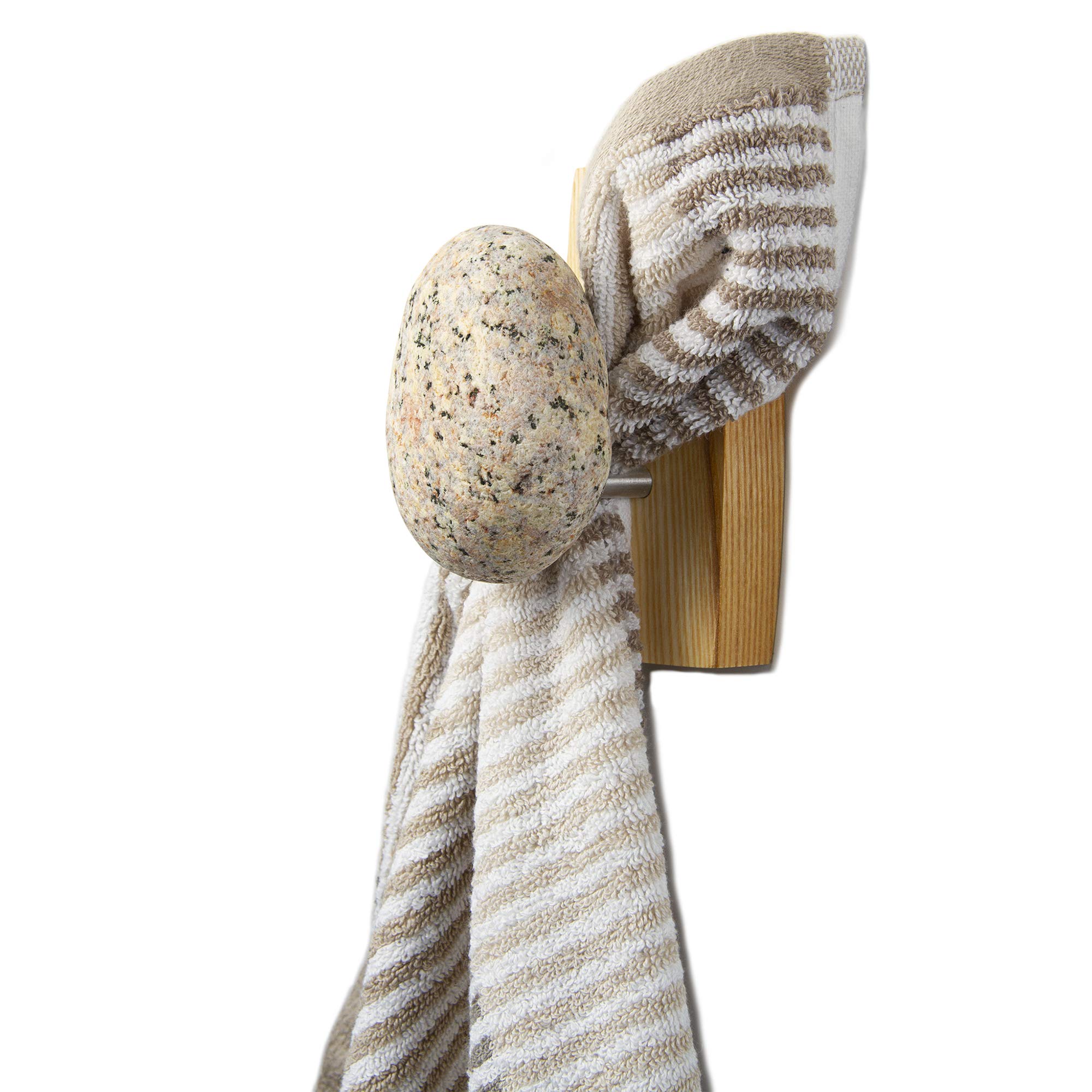 Premium Natural Stone Wall Hook with Elegant Wooden Backplate - 3 Pack Ash Wood Coat Hooks for Coats, Towels, Robes - Durable Indoor & Outdoor Use for Entryway, Bathroom, Bedroom, Porch