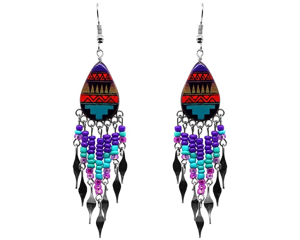 Tribal Pattern Teardrop Ceramic Beaded Dangle Earrings for Women - Handmade Boho Jewelry Accessories for Party, Wedding & Everyday Wear
