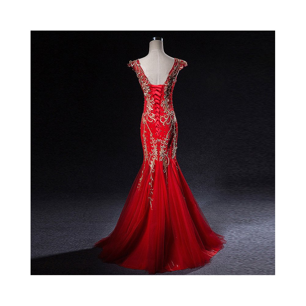 Kivary® Red Mermaid Prom Dress with Gold Embroidery & Sequins - Elegant Formal Evening Gown for Homecoming, Wedding Guest, Pageant & Special Occasions