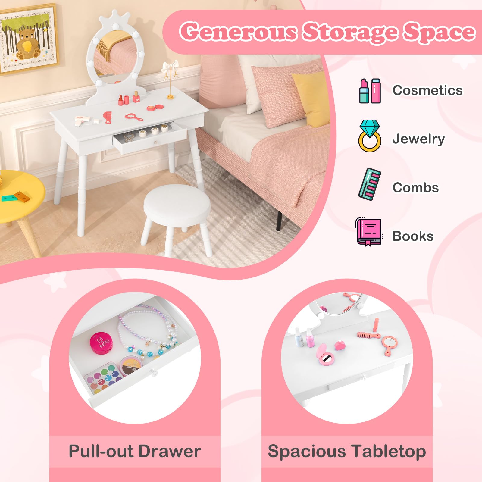 HONEY JOY Kids Vanity Set with LED Lights - Princess Wooden Makeup Table & Stool with Drawer, 3-Color Adjustable Lighting, Toddler Dressing Vanity for Girls Ages 3-8, Pretend Play Furniture for Bedroom & Playroom (White) - Perfect for Birthday Gifts & Role Play Activities