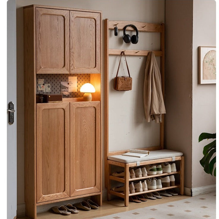 Solid Oak Wood Shoe Bench with Hooks - Entryway Organizer & Shoe Storage Stool for Hallway, Bedroom, or Mudroom