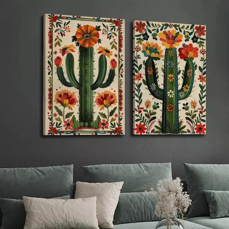 2Pcs Decorative Cactus Botanical Art Canvas - Framed Wall Art 50x75cm (20x30in) - High Quality Print - Ready to Hang - Perfect for Living Room, Bedroom & Office Decor