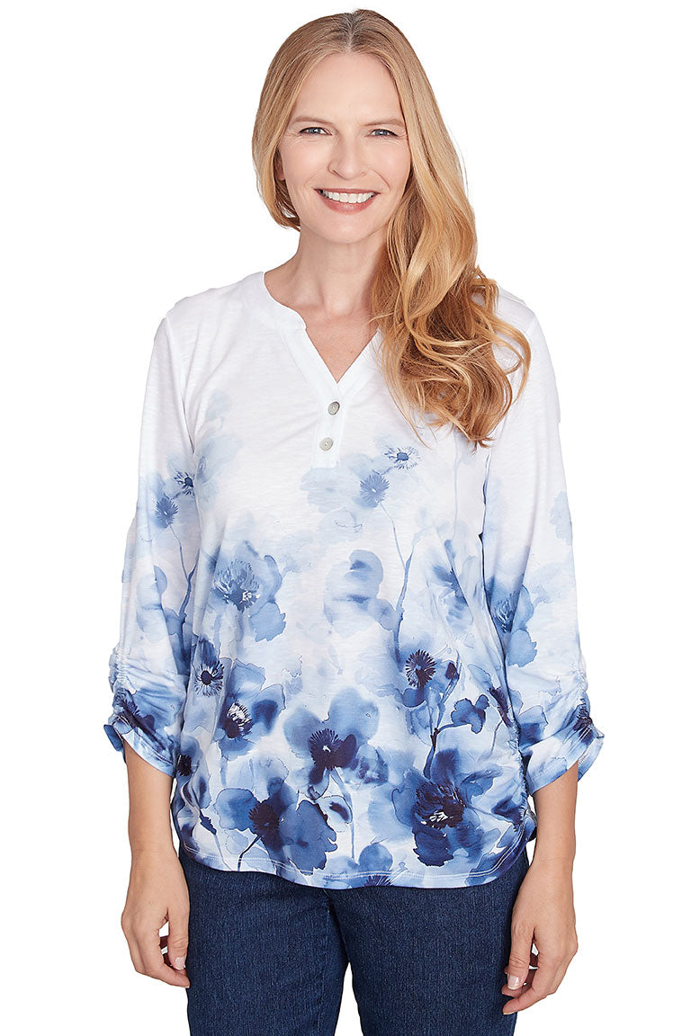 Pansy Silhouettes Ruched Blouse - Elegant Floral Print Women's Tops for Casual Wear & Date Nights