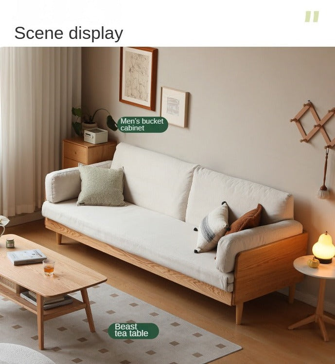 Oak Solid Wood Sofa Bed with Folding White Goose Feather Cushions - Convertible Sleeper for Small Spaces & Guest Rooms