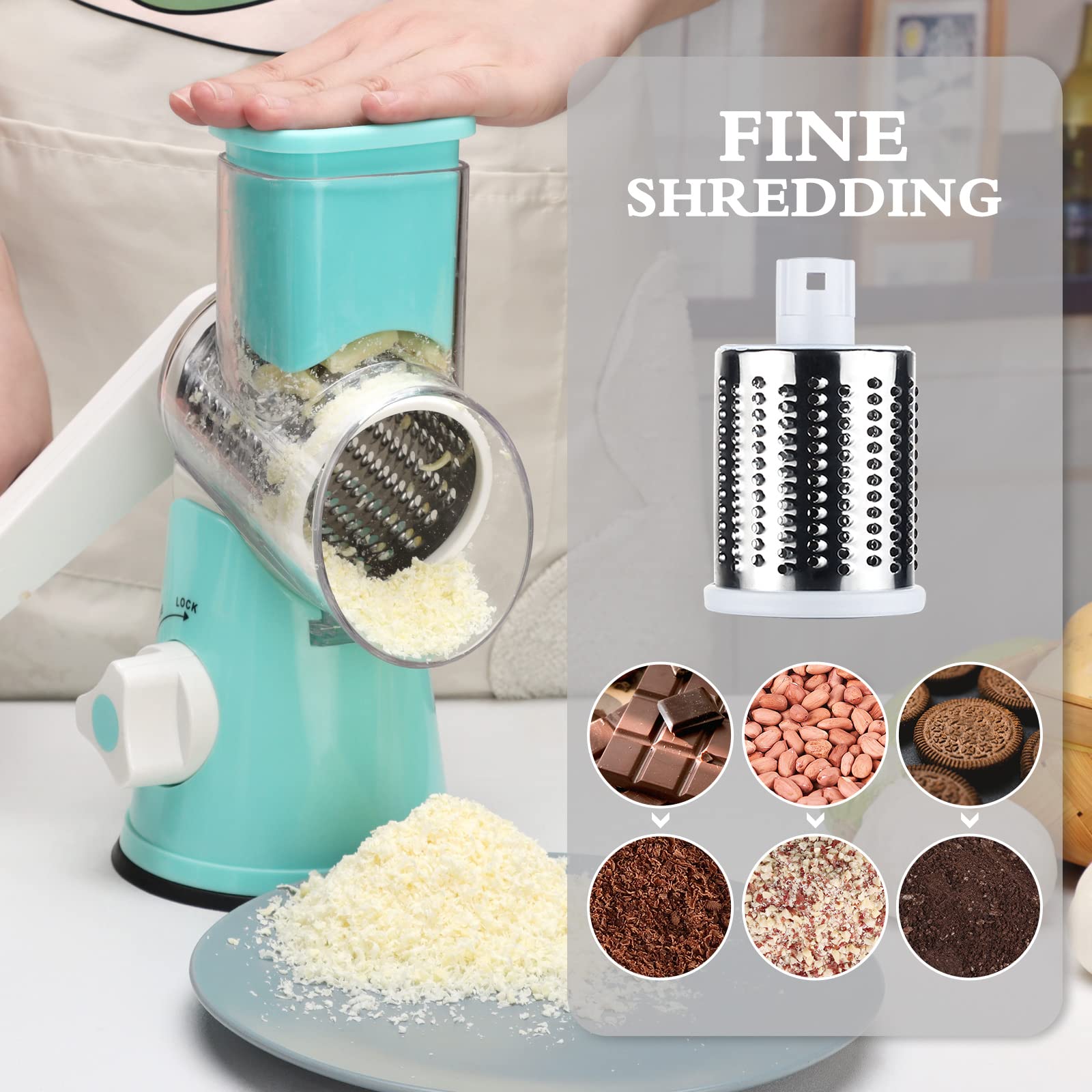 Rotary Cheese Grater - Manual Kitchen Shredder with 3 Interchangeable Blades | Safe Food Grinder for Nuts, Potato, Carrot, Garlic & Walnut | Perfect for Salads, Pasta, Pizza & Baking (Blue)
