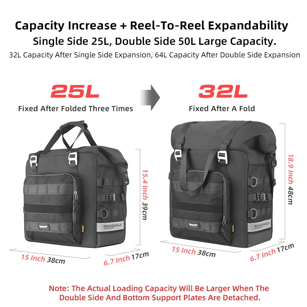 Rhinowalk 25L Waterproof Motorcycle Saddlebags - Quick Release Side Bags for Adventure & Sports Bikes (Black) - Perfect for Long Rides & Travel