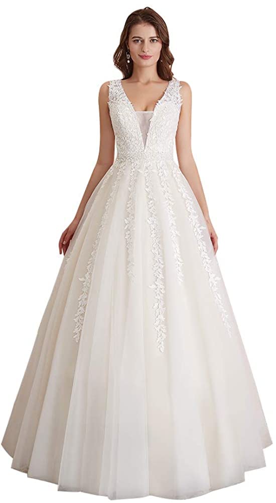 Elegant Lace Applique V-Neck Straps Wedding Dress for Bride – Ball Gown Evening Dress for Women | Perfect for Bridal Ceremonies, Formal Events & Special Occasions
