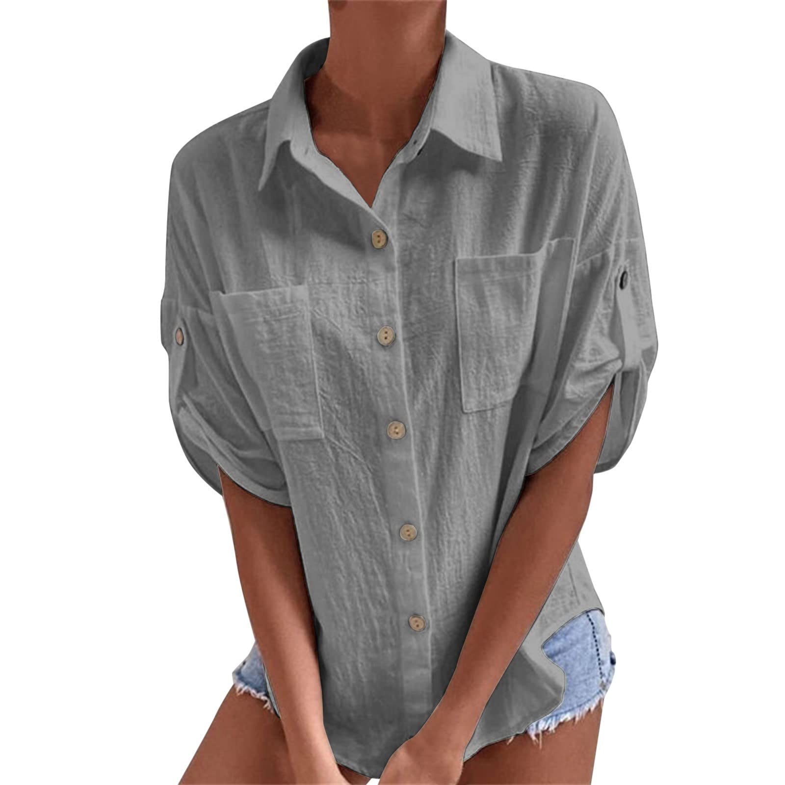 Women's Casual Lapel Short Sleeve Button-Down Shirt with Pocket - Stylish Black Blouse & Tee Top for Work, Office, and Everyday Wear