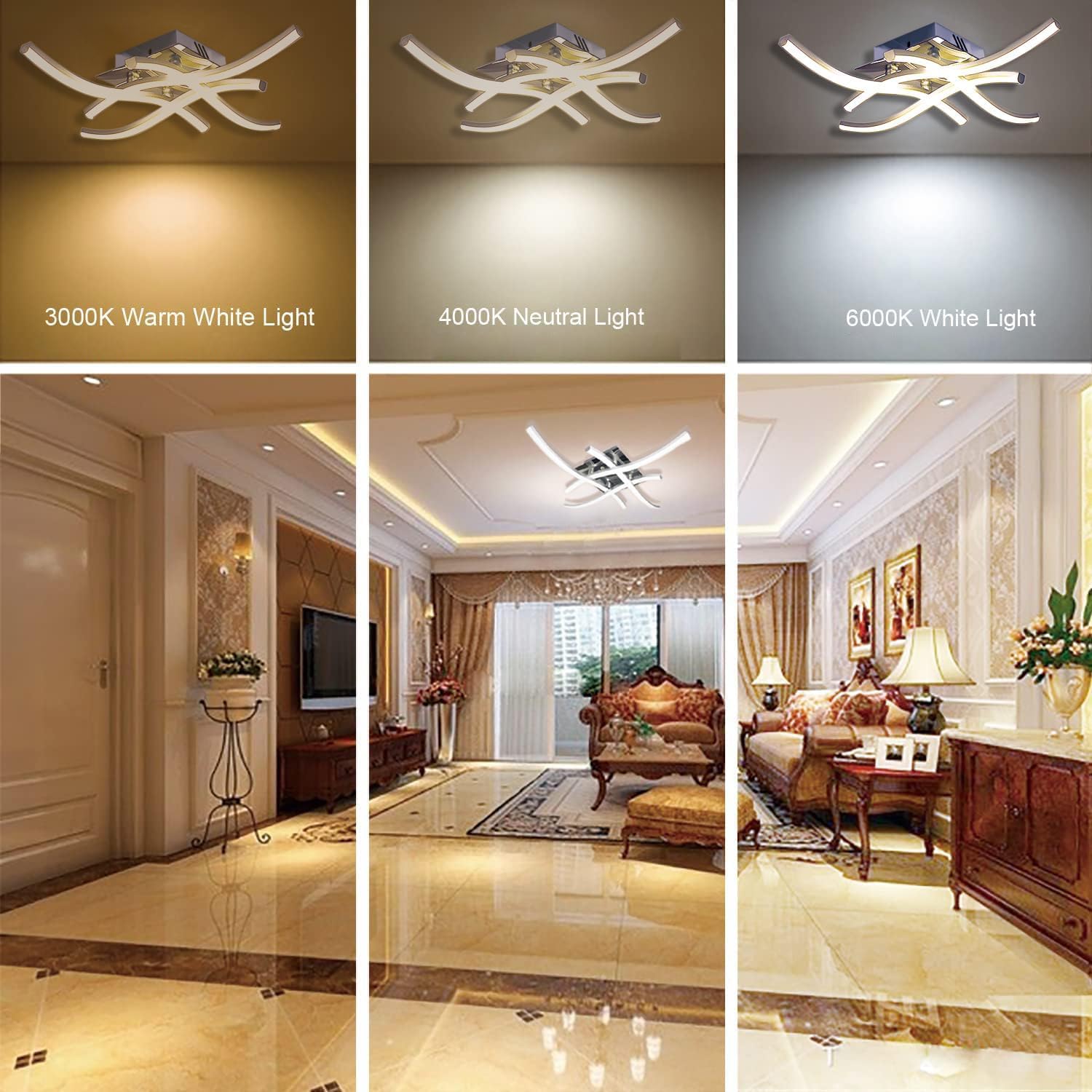 Sweier 4 Flame LED Ceiling Light, Dimmable with Remote Control - Modern Curved Ceiling Lamp, Built-in LED Panels 28W 2800 Lumens - Perfect for Living Room, Bedroom, Kitchen and Office Lighting