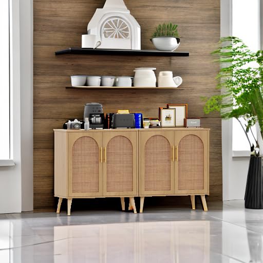 Rovaurx Set of 2 Rattan Storage Cabinets with Doors - Modern Accent Bathroom & Living Room Floor Cabinet, Sideboard Buffet for Entryway, Dining Room & Kitchen - Natural BMGZ108M02 | Perfect for Home Organization & Stylish Decor