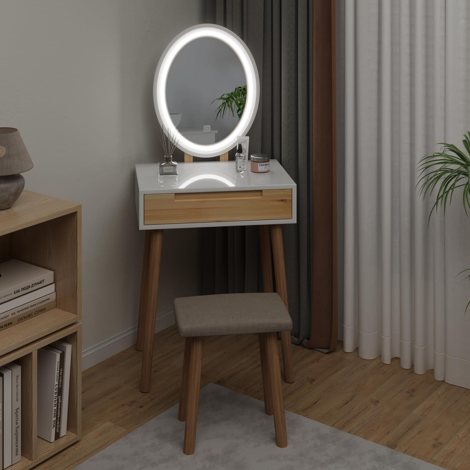ARTETHYS 24 Inch Small Makeup Vanity Desk Set with 3 Adjustable LED Lighted Mirror, Wooden Dressing Table with Drawer & Stool - Perfect for Bedroom, Apartment, and Small Space Beauty Organization