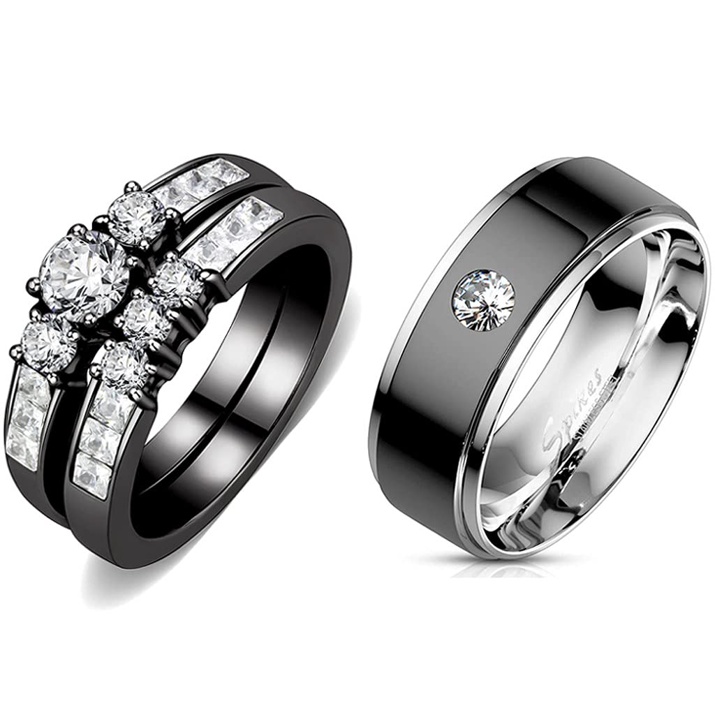 3 Stone CZ Engagement Ring & Bezel Set Wedding Band Set for Couples - Round Cubic Zirconia Rings for Women & Men - Perfect for Proposals, Anniversaries, and Romantic Gifts