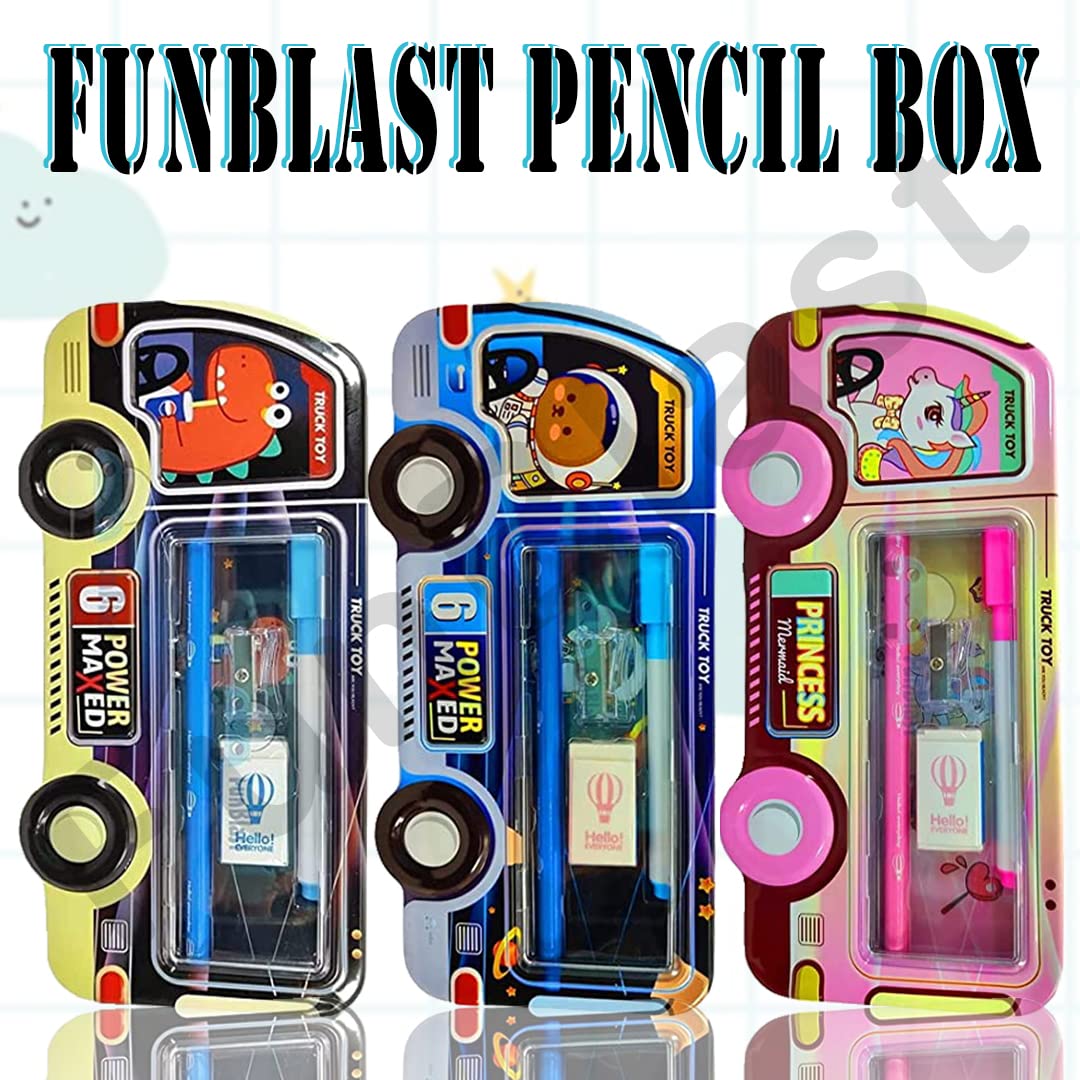 FunBlast Double Layer Metal Pencil Box Set for Kids - Includes Pencils, Eraser & Sharpener - School Stationery Organizer Case - Perfect for Classroom, Homework & Birthday Gifts (Blue)