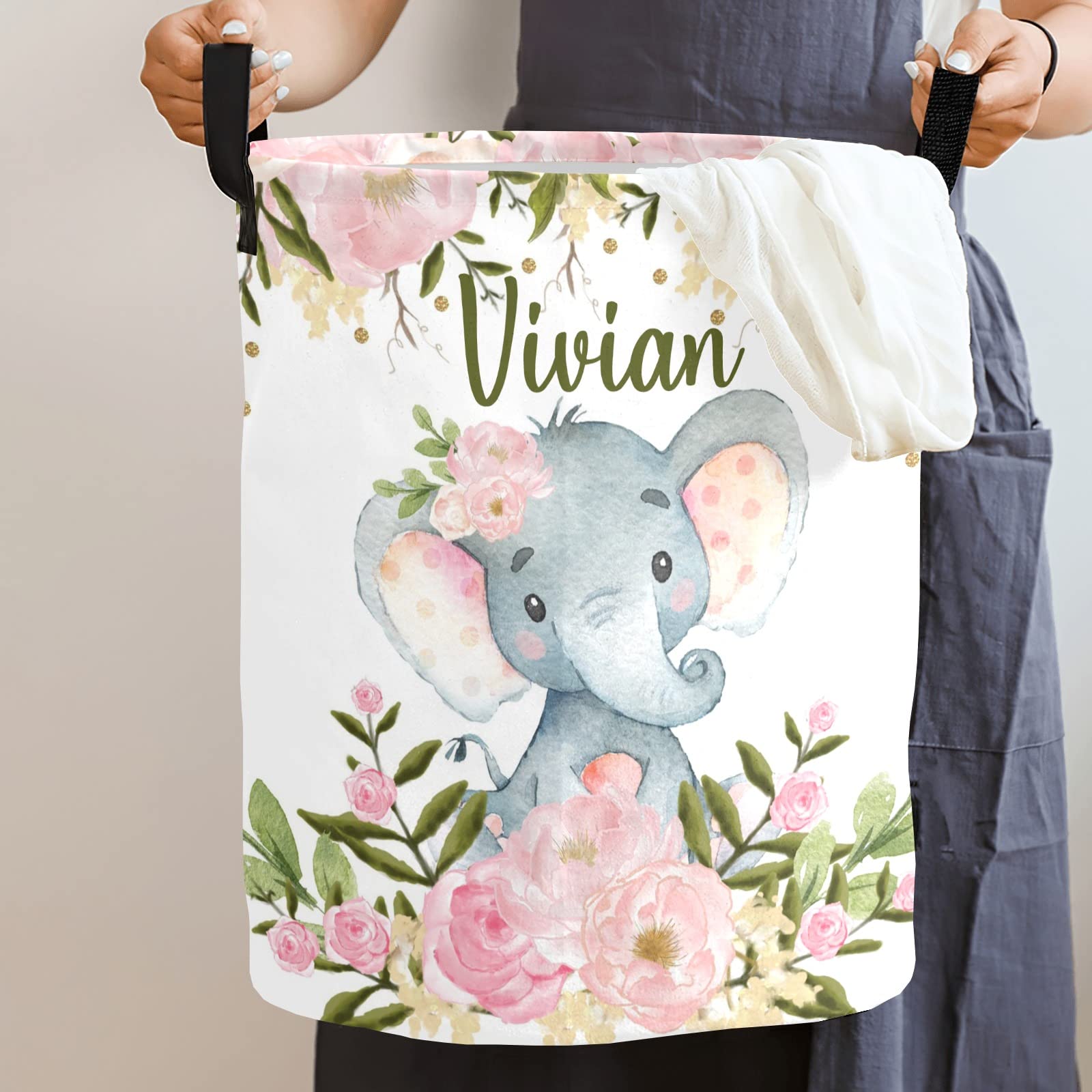 Personalized Floral Elephant Laundry Hamper with Handle - Custom Name Storage Basket for Clothes & Toys | Perfect for Bathroom, Bedroom, Nursery & Kids Room Organization