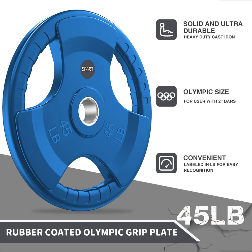 SPART 2-Inch Olympic Rubber Coated Weight Plates - 2.5LB to 45LB for Strength Training, Weightlifting & Bodybuilding - Durable Cast Iron Plates with 2-Year Warranty - Perfect for Home Gym, CrossFit & Commercial Fitness Centers
