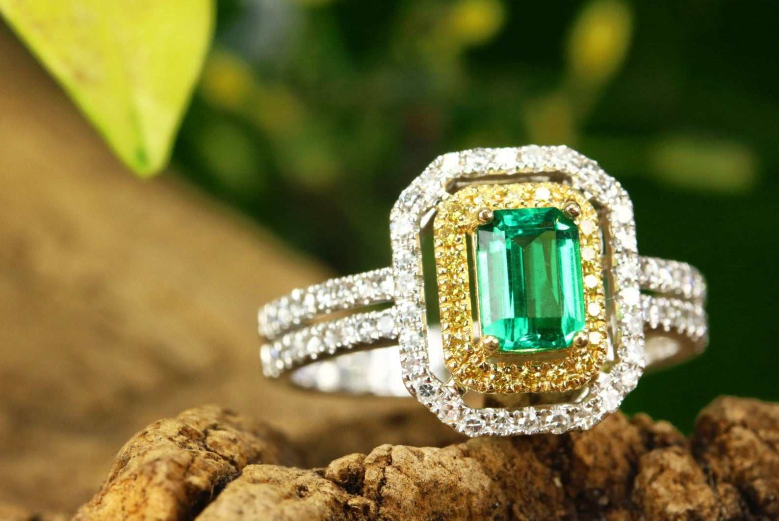 1.50tcw Emerald & Fancy Yellow Diamond Ring in Two-Tone 14K Gold - Elegant Wedding, Engagement & Anniversary Jewelry Gift for Women