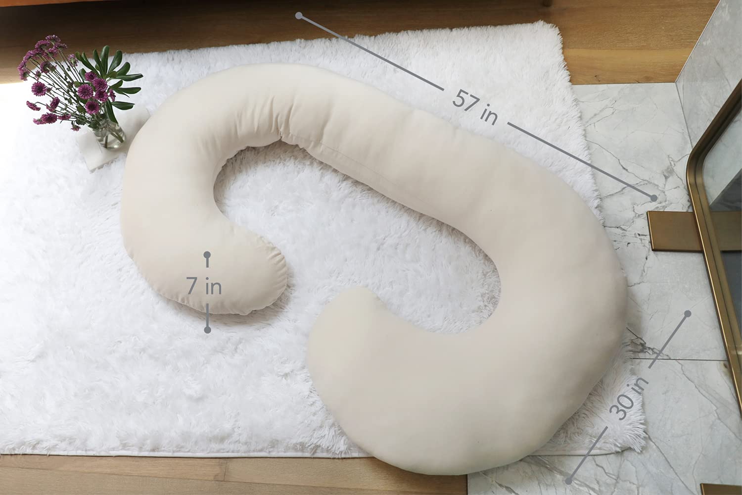 Pharmedoc C-Shape Full Body Pregnancy Pillow with Jersey Cover - Beige Maternity Pillow for Side Sleepers, Back Pain Relief & Comfort - Perfect Gift for Pregnant Women & New Moms - Ideal for Bed Rest, Nursing & Relaxation