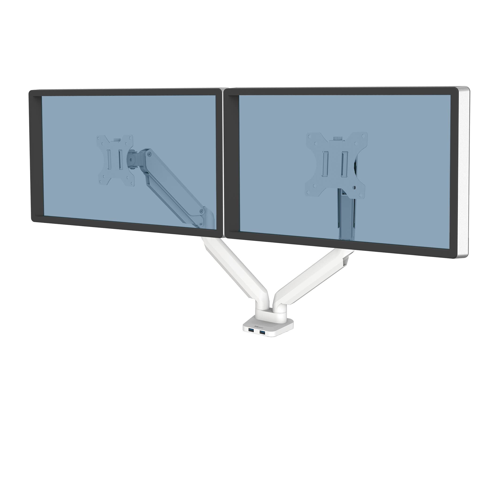 Fellowes Platinum Series Dual Monitor Arm - Ergonomic Adjustable Desk Mount for Two 32 Inch Screens up to 8KG - 45° Tilt & 360° Swivel Rotation - VESA 75x75/100x100 Compatible - White - Perfect for Home Office & Gaming Setup