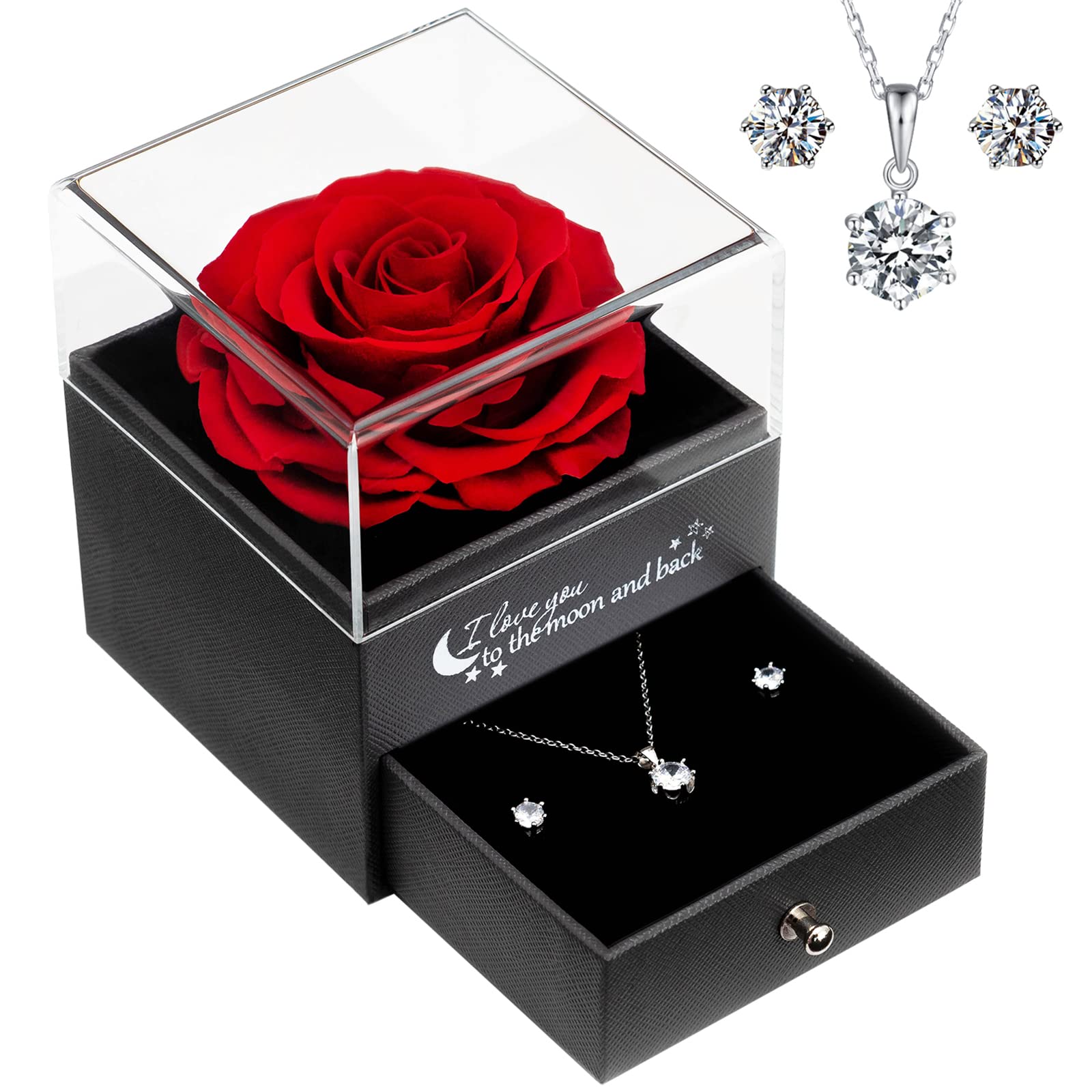 Forever Rose with Silver Necklace - Romantic Valentines Day Gifts for Her, Christmas Present, Mothers Day Jewelry, Anniversary & Birthday Gift for Girlfriend, Wife, Mom | Elegant Keepsake for Special Occasions & Everyday Wear (Red)