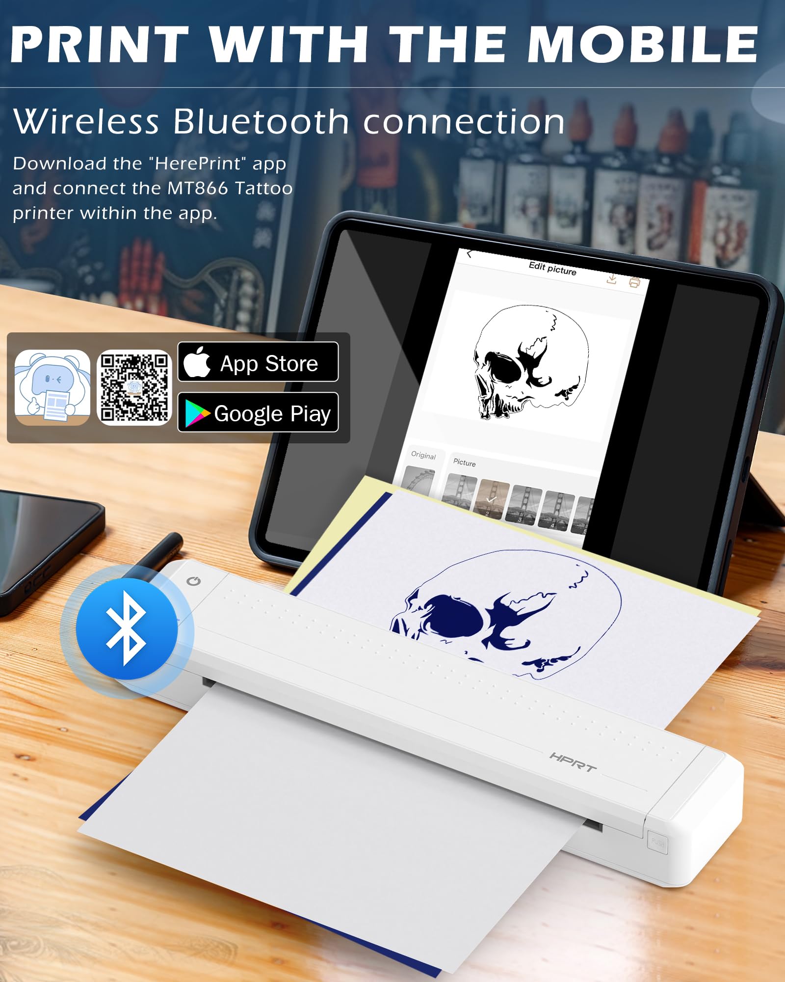 HPRT MT866 Wireless Bluetooth Thermal Tattoo Stencil Printer Kit - Compatible with iPhone, Android, iPad, Windows & Mac - Professional Tattoo Transfer Machine with 10 Sheets Thermal Paper - Perfect for Tattoo Artists, Beginners & Home Studios