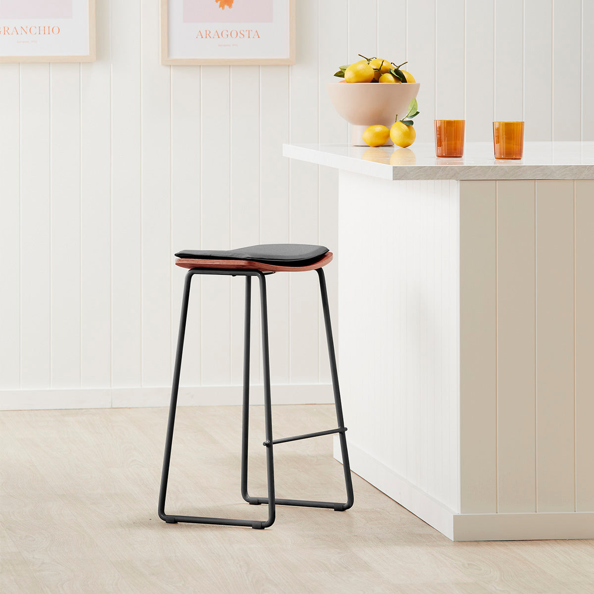 Hendrix Backless Bar Stool - Walnut Wood & Black Leather Counter Height Stool for Kitchen Island, Breakfast Nook & Home Bar Decor