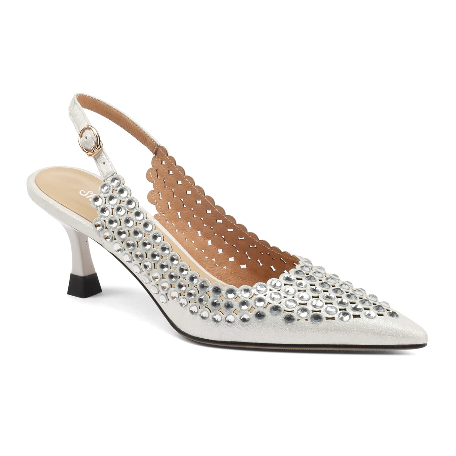 SHOSYEE Women's Fashion Studded Crystal Hollow Out Heeled Sandals - Chic Pointed Toe Genuine Leather Kitten Heels with Elegant Buckle Strap, Slingback Dress Party Shoes for Weddings, Evening Events & Special Occasions (Black, US Size 4-10 M)