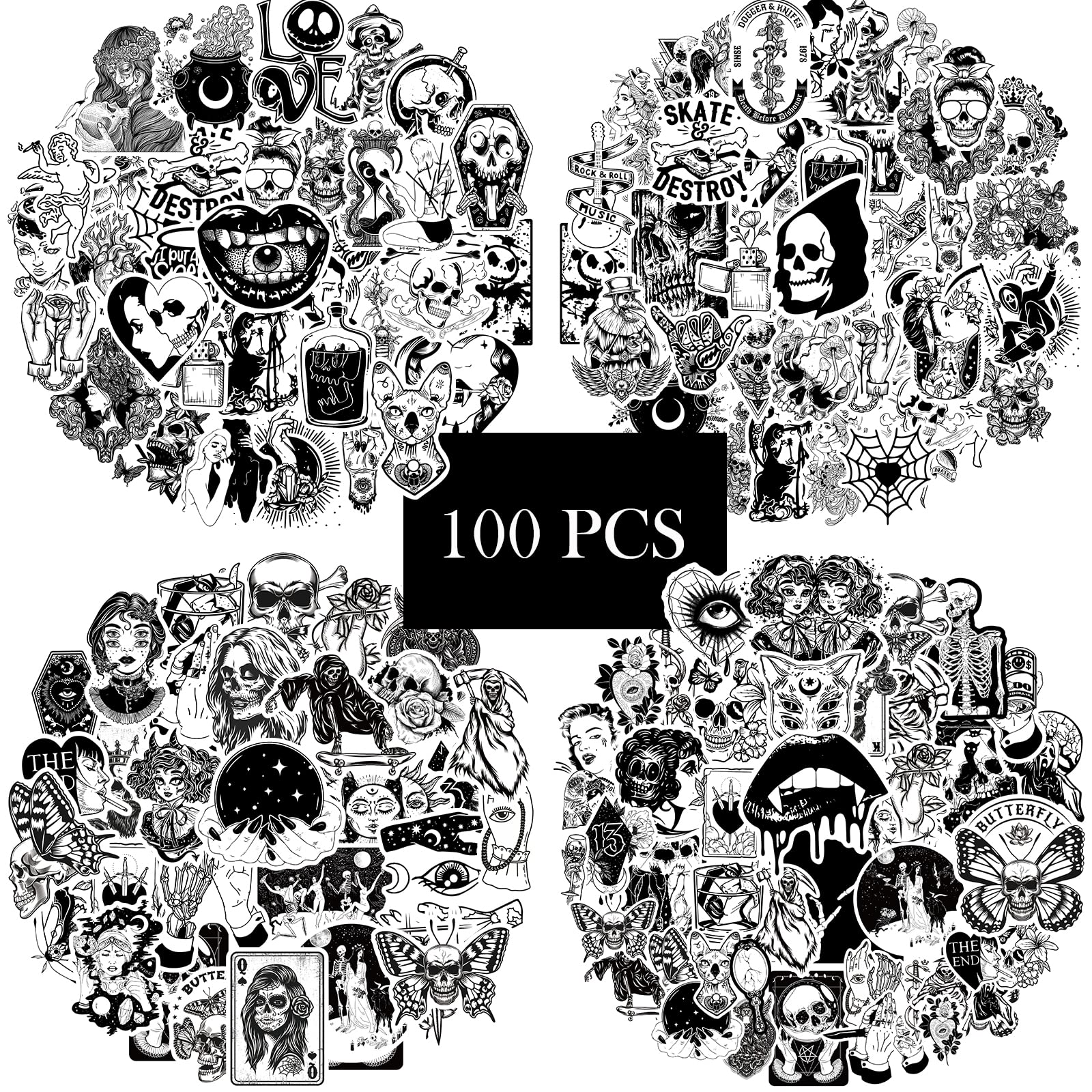 100PCS Spooky Gothic Stickers Pack - Emo, Skull & Grunge Stickers for Water Bottles, Laptops & DIY Crafts | Perfect for Halloween Decor, Scrapbooking & Teen Room Aesthetics