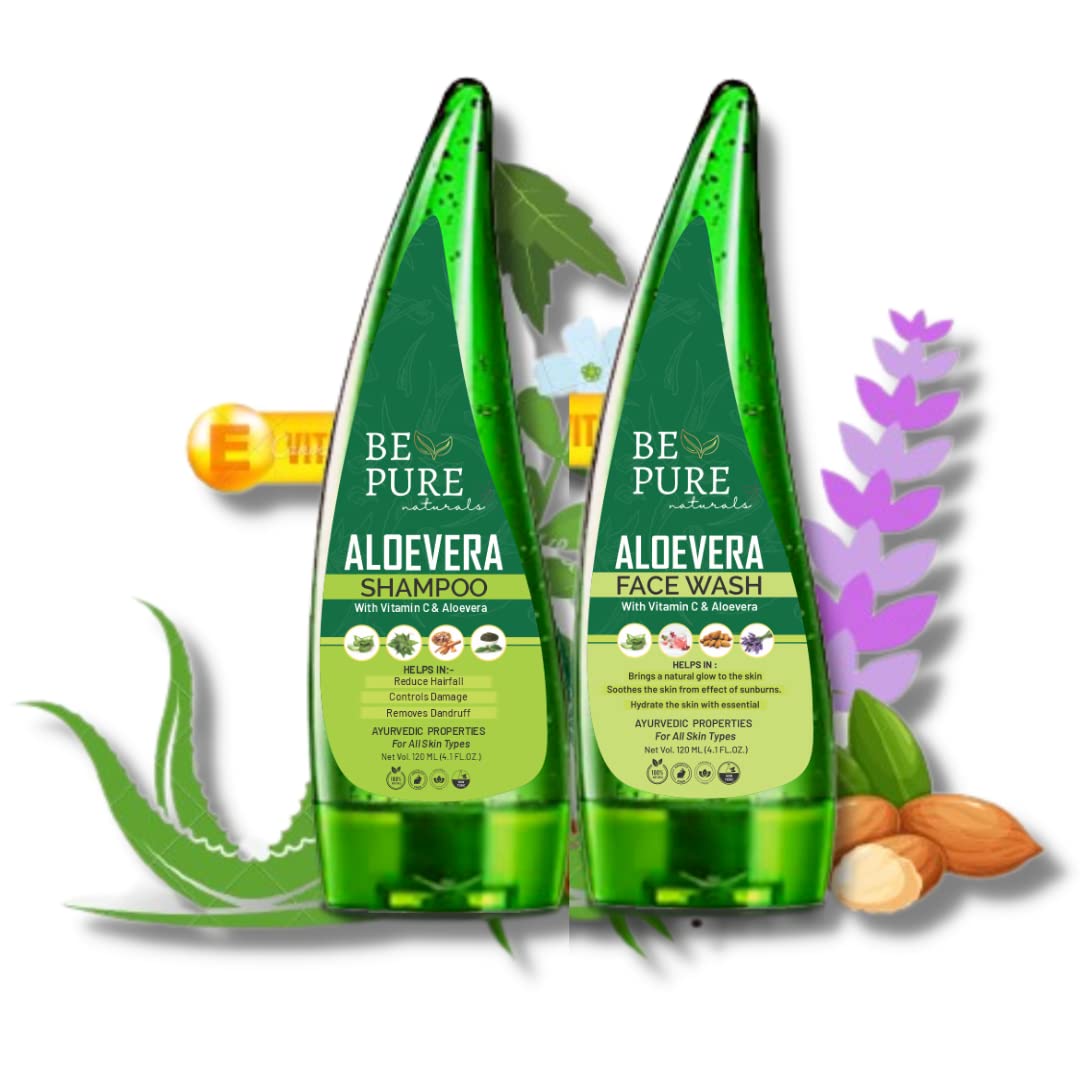 Be Pure Naturals Aloe Vera Face Wash & Aloe Vera Shampoo with Vitamin E Combo - Reduces Hair Fall & Promotes Radiant Skin (120ml Each) - Perfect for Daily Skincare & Haircare Routine