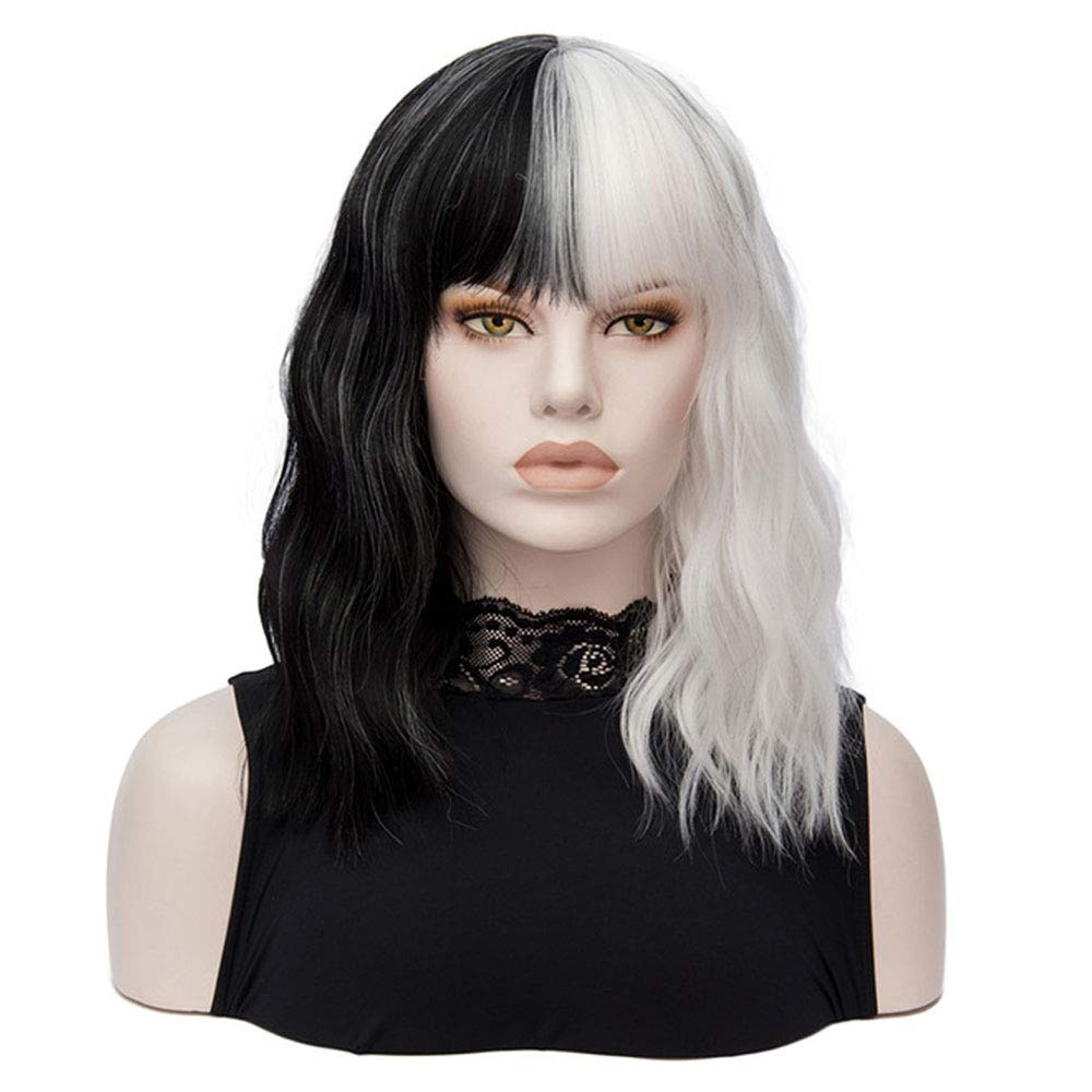 QACCF Short Wavy Shoulder Length Heat Resistant Synthetic Wig for Women - Black & White - Perfect for Cosplay, Daily Wear & Costume Parties